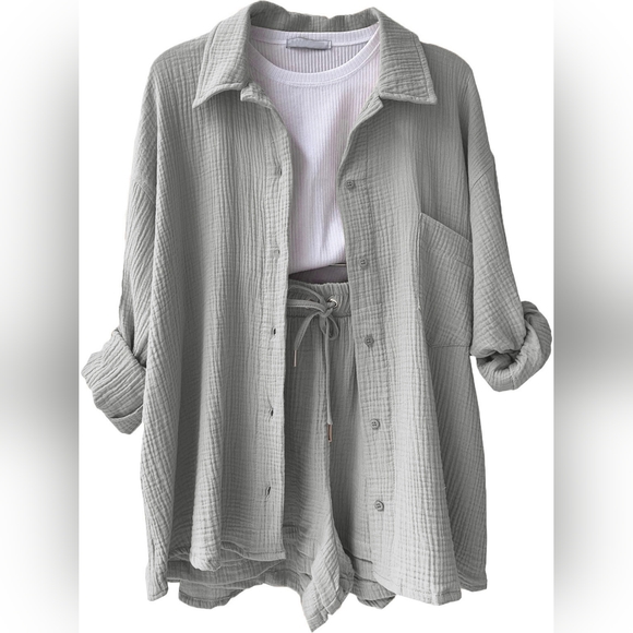 Texture Button Up Shirt and Drawstring Shorts Set - Picture 3 of 4